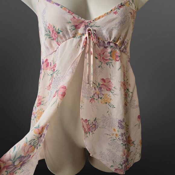 Vintage 80s Pink Floral Babydoll Lingerie Top Camisole Size L Split Front Fairy - Picture 2 of 7